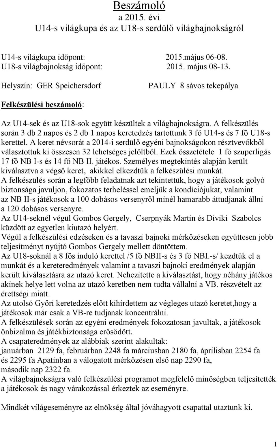 A felkészülés során 3 db 2 napos és 2 db 1 napos keretedzés tartottunk 3 fő U14-s és 7 fő U18-s kerettel.