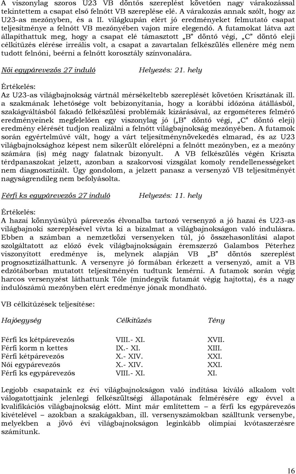 A futamokat látva azt állapíthattuk meg, hogy a csapat elé támasztott B döntő végi, C döntő eleji célkitűzés elérése irreális volt, a csapat a zavartalan felkészülés ellenére még nem tudott felnőni,