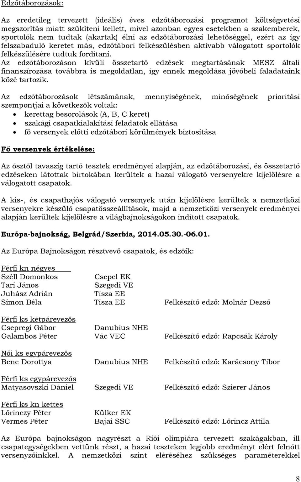 Az edzőtáborozáson kívüli összetartó edzések megtartásának MESZ általi finanszírozása továbbra is megoldatlan, így ennek megoldása jövőbeli faladataink közé tartozik.