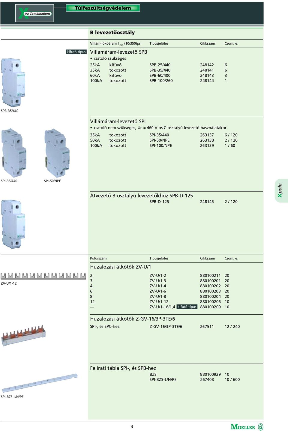 Villámáram-levezetõ SPI csatoló nem szükséges, Uc = 460 V-os C-osztályú levezetõ használatakor 35kA 50kA 100kA tokozott tokozott tokozott SPI-35/440 263137 6 / 120 SPI-50/NPE 263138 2 / 120