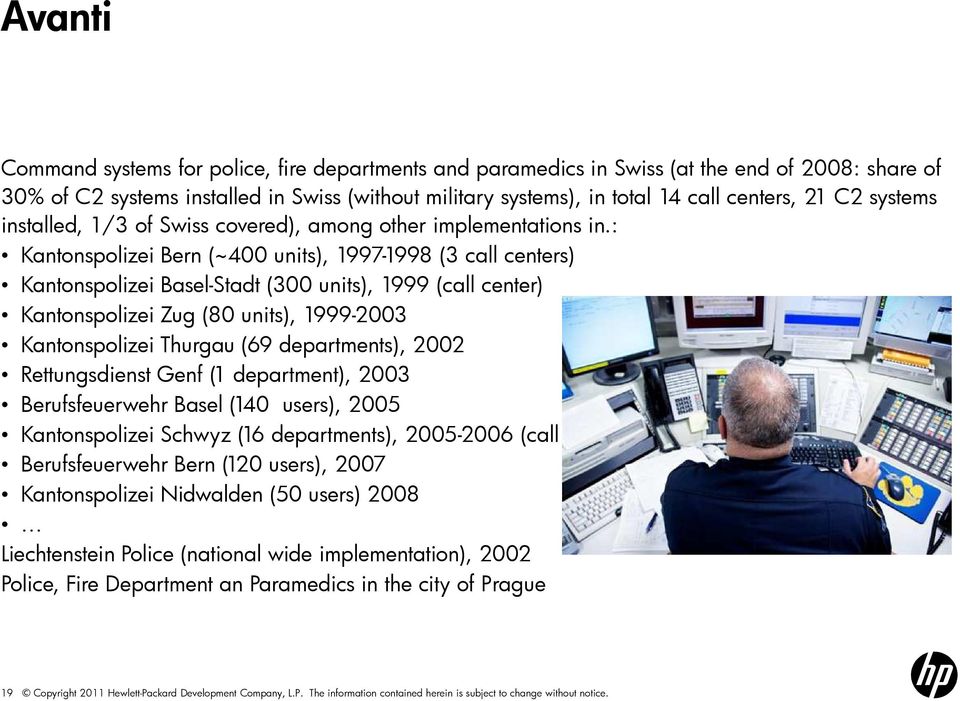 : Kantonspolizei Bern (~400 units), 1997-1998 (3 call centers) Kantonspolizei Basel-Stadt (300 units), 1999 (call center) Kantonspolizei Zug (80 units), 1999-2003 Kantonspolizei Thurgau (69