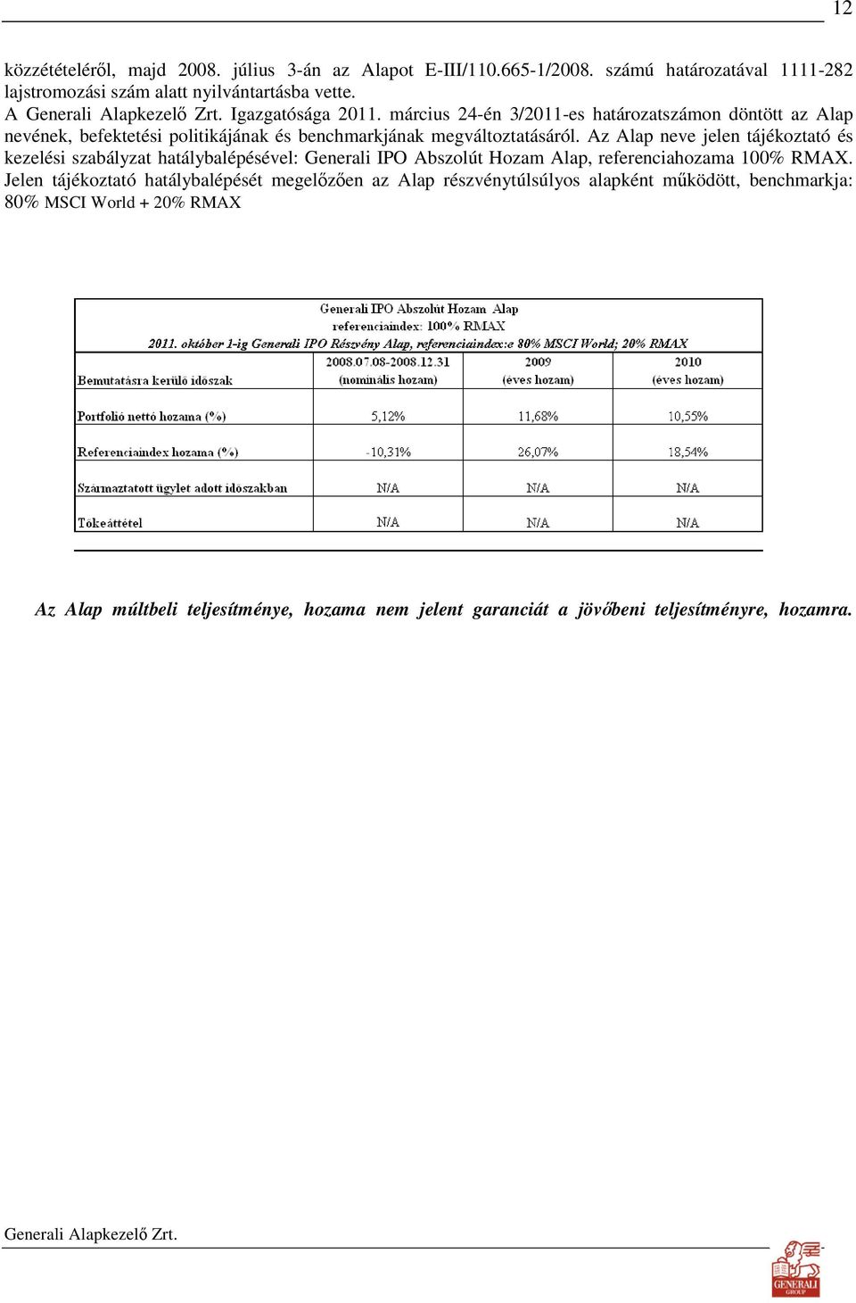 Az Alap neve jelen tájékoztató és kezelési szabályzat hatálybalépésével: Generali IPO Abszolút Hozam Alap, referenciahozama 100% RMAX.