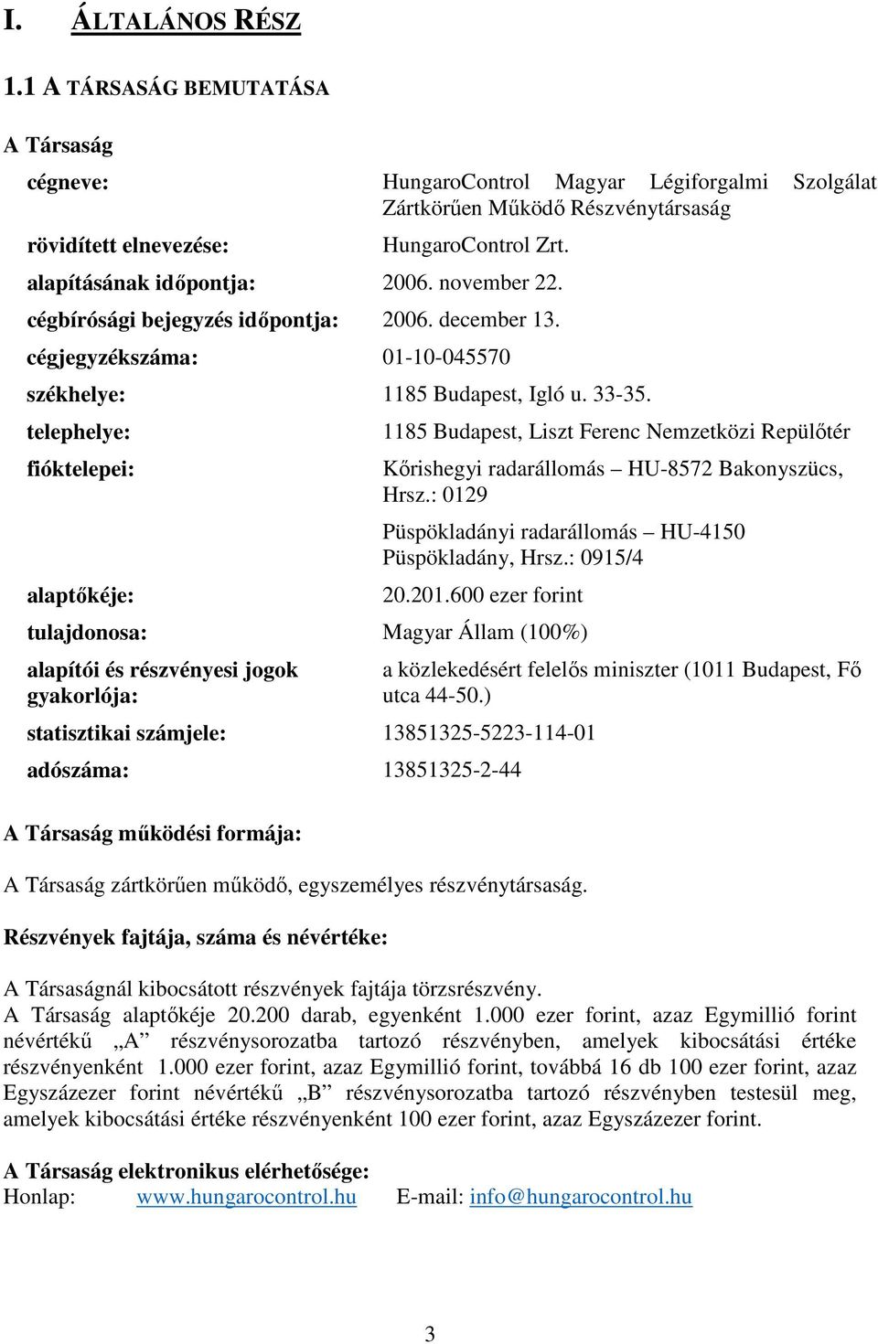 telephelye: fióktelepei: alaptőkéje: 1185 Budapest, Liszt Ferenc Nemzetközi Repülőtér Kőrishegyi radarállomás HU-8572 Bakonyszücs, Hrsz.: 0129 Püspökladányi radarállomás HU-4150 Püspökladány, Hrsz.