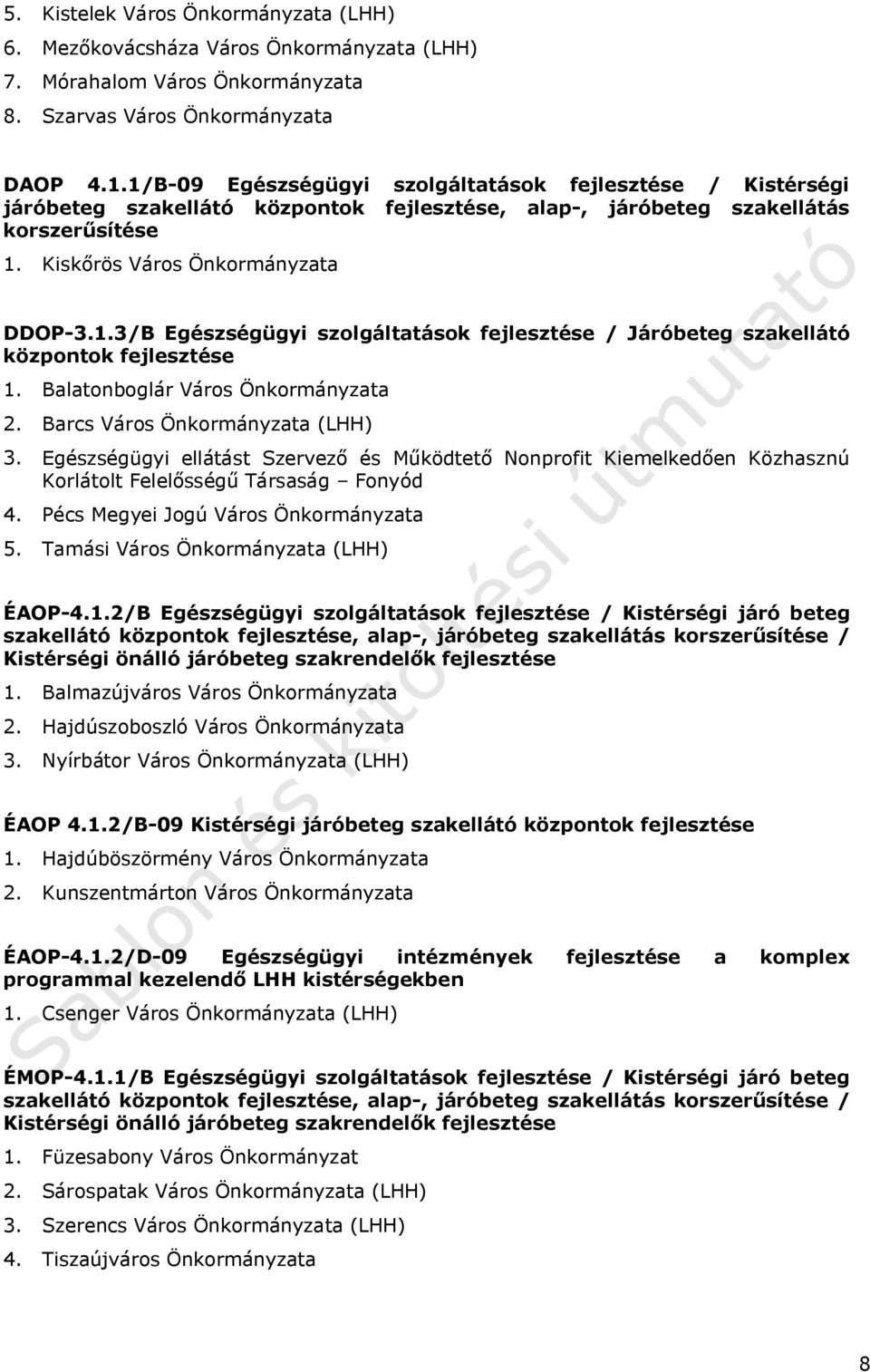 Balatonboglár Város Önkormányzata 2. Barcs Város Önkormányzata (LHH) 3. Egészségügyi ellátást Szervező és Működtető Nonprofit Kiemelkedően Közhasznú Korlátolt Felelősségű Társaság Fonyód 4.