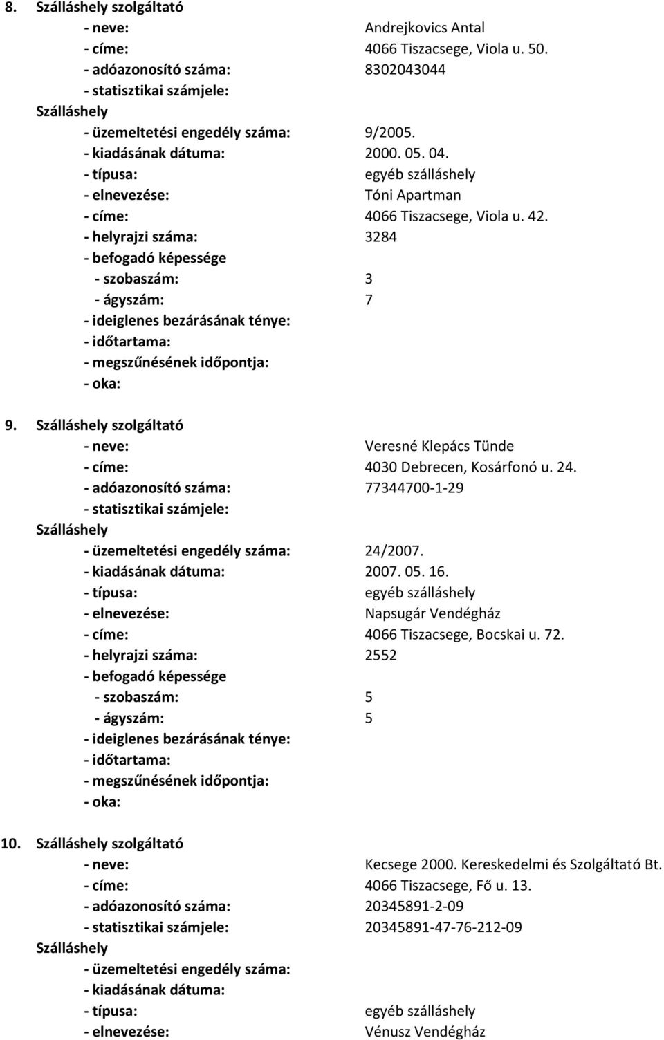 - helyrajzi száma: 3284 - szobaszám: 3 - ágyszám: 7 - neve: Veresné Klepács Tünde - címe: 4030 Debrecen, Kosárfonó u. 24. - adóazonosító száma: 77344700-1-29 24/2007.