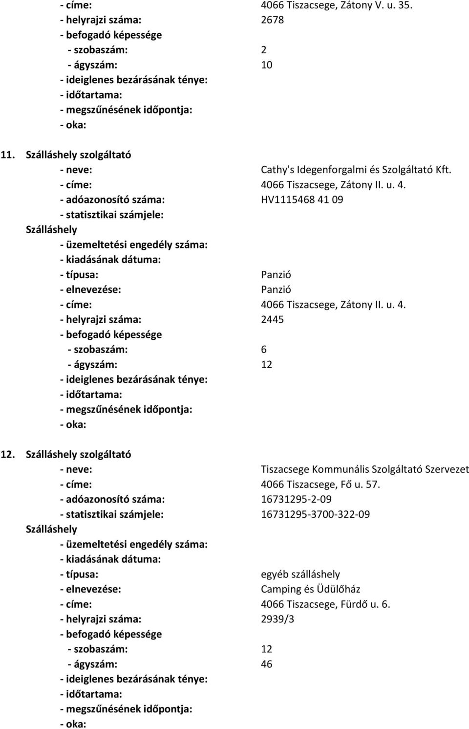 57. - adóazonosító száma: 16731295-2-09 16731295-3700-322-09 - elnevezése: Camping és Üdülőház - címe: 4066 Tiszacsege, Fürdő u. 6.