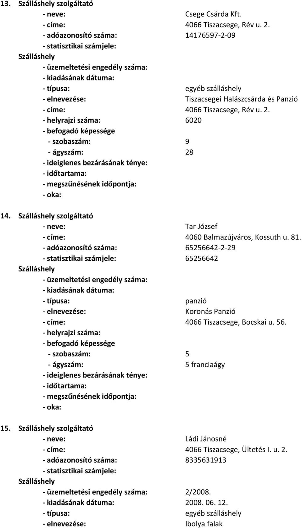 - helyrajzi száma: 6020 - szobaszám: 9 - ágyszám: 28 - neve: Tar József - címe: 4060 Balmazújváros, Kossuth u. 81.