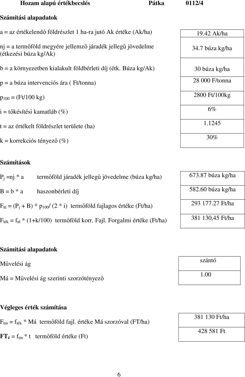 60 búza kg/ha F ték = f té * (1+k/100) termıföld korr. Fajl. Forgalmi értéke (Ft/ha) 293 177.