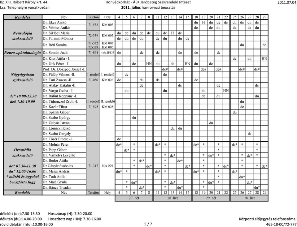 # # # # # # Nőgyógyászat Dr. Fülöp Vilmos -II. I. renlő I. renlő szakrenlő Dr. Turi Zsuzsa -II. 71-086 KM 026 du Dr. Atalay Katalin -II. Dr. Varga Csaba - I. du du du HN * 10.00-13.30 Dr.