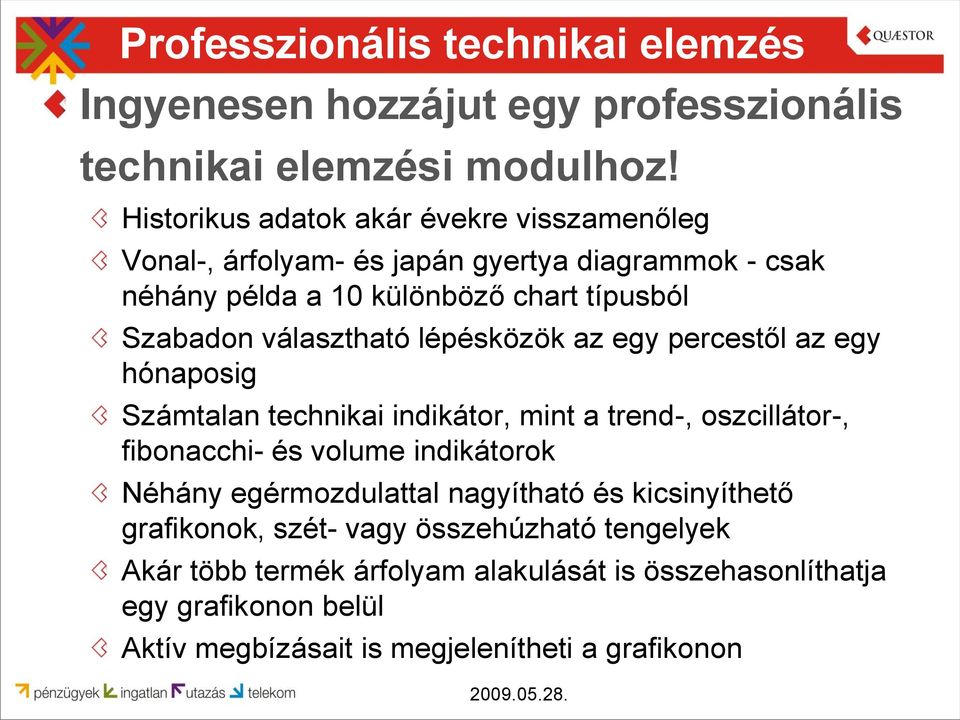 választható lépésközök az egy percestől az egy hónaposig Számtalan technikai indikátor, mint a trend-, oszcillátor-, fibonacchi- és volume indikátorok