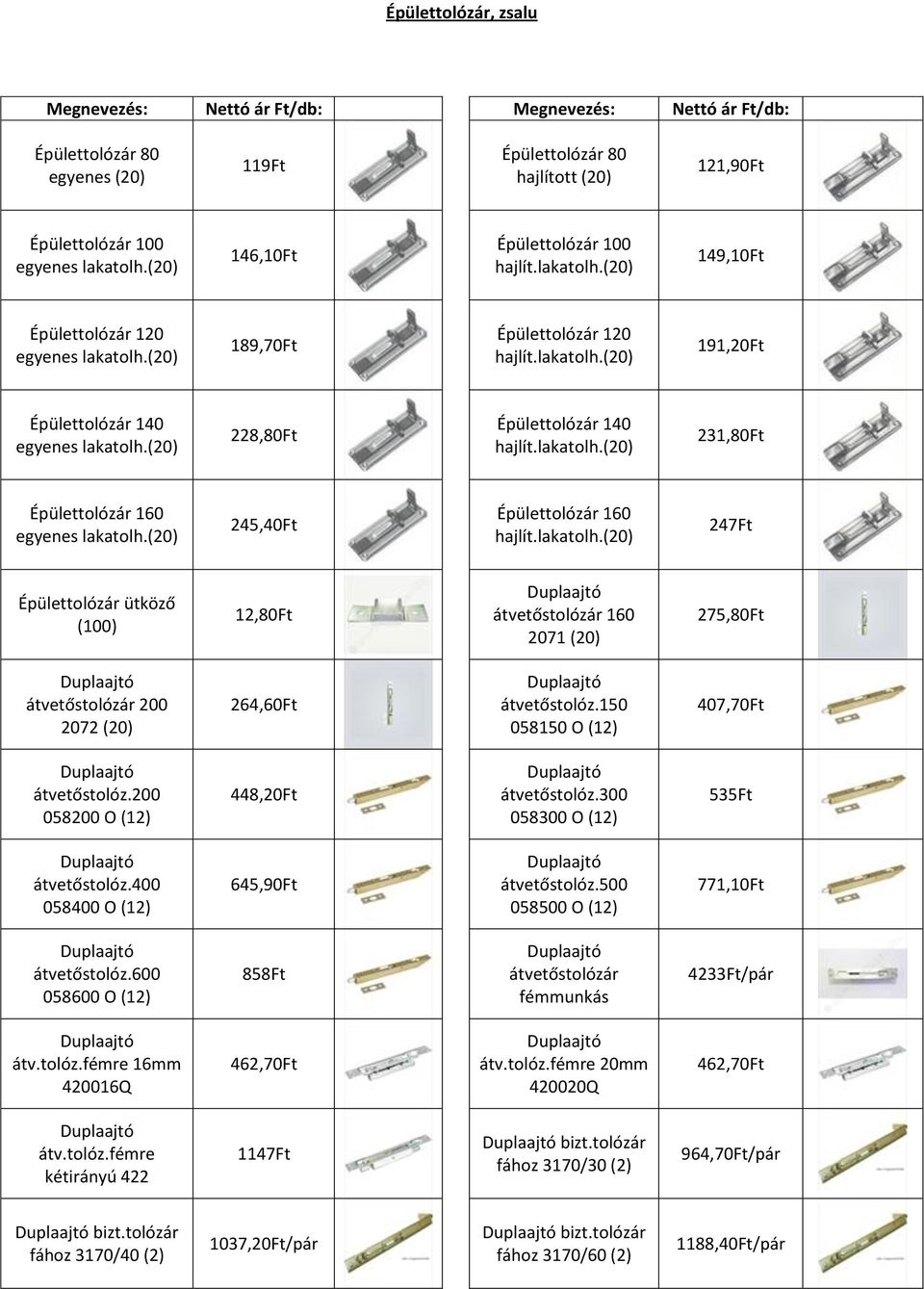 (20) 245,40Ft Épülettolózár 160 hajlít.lakatolh.(20) 247Ft Épülettolózár ütköző (100) 12,80Ft átvetőstolózár 160 2071 (20) 275,80Ft átvetőstolózár 200 2072 (20) 264,60Ft átvetőstolóz.