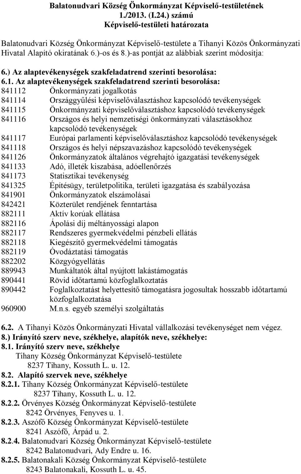 Az alaptevékenységek szakfeladatrend szerinti besorolása: 841112 Önkormányzati jogalkotás 841114 Országgyűlési képviselőválasztáshoz kapcsolódó tevékenységek 841115 Önkormányzati