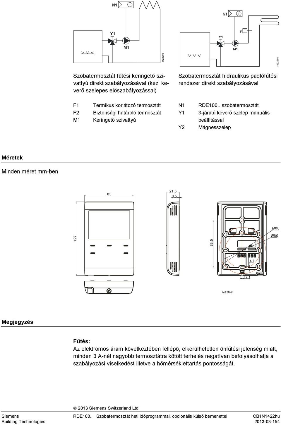 . szobatermosztát 3-járatú keverő szelep manuális beállítással Mágnesszelep Méretek Minden méret mm-ben 85 21.5 0.5 Ø80 127 83.5 Ø60 4.1 7.