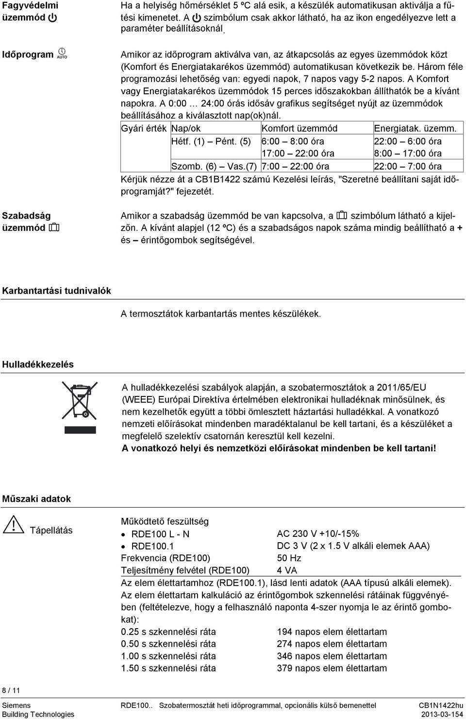 Amikor az időprogram aktiválva van, az átkapcsolás az egyes üzemmódok közt (Komfort és Energiatakarékos üzemmód) automatikusan következik be.