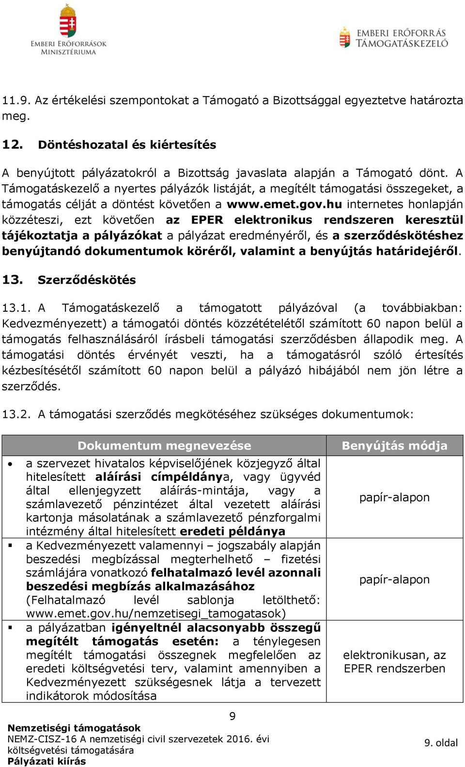 hu internetes honlapján közzéteszi, ezt követően az EPER elektronikus rendszeren keresztül tájékoztatja a pályázókat a pályázat eredményéről, és a szerződéskötéshez benyújtandó dokumentumok köréről,