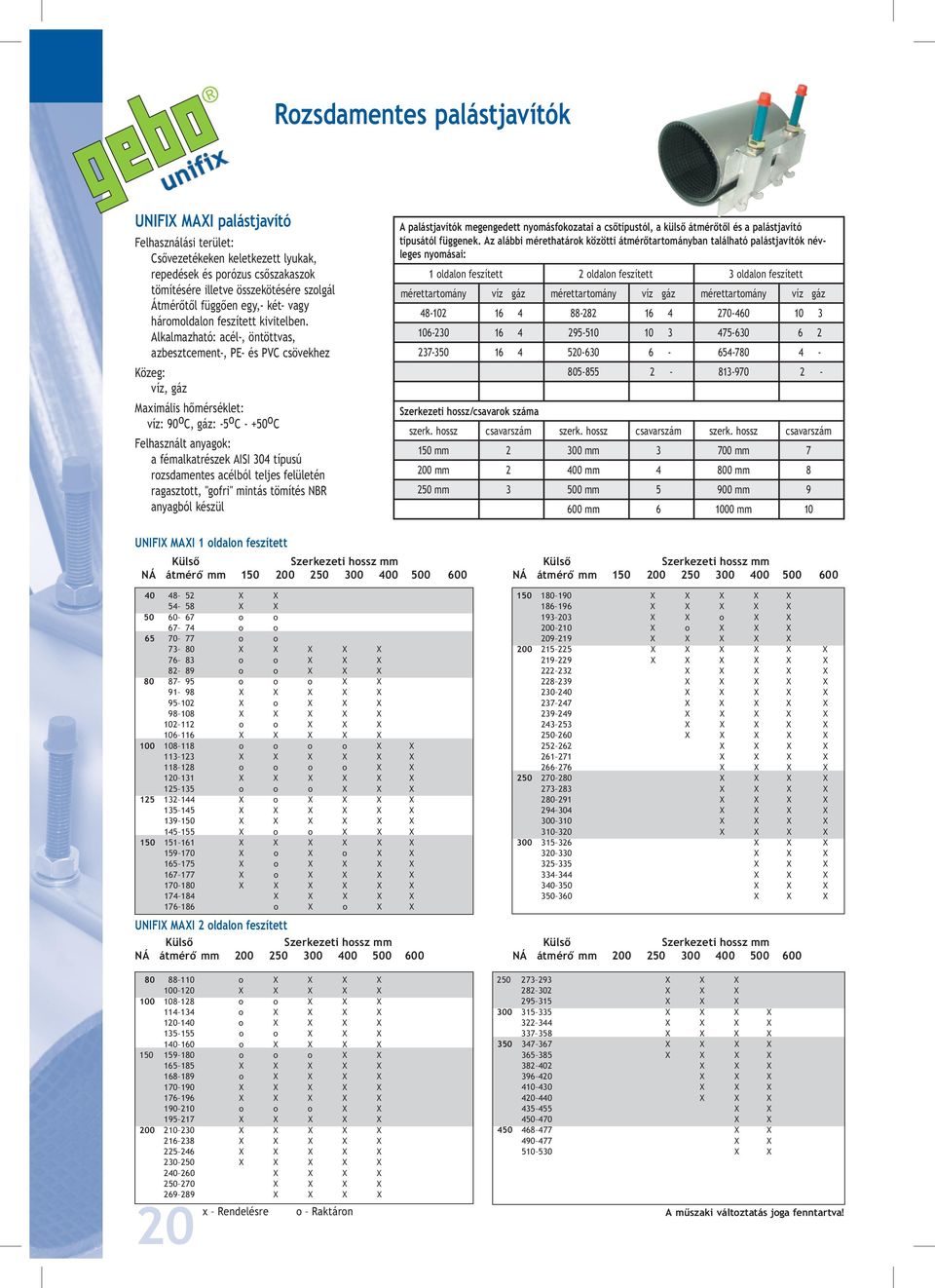 Alkalmazható: acél-, öntöttvas, azbesztcement-, PE- és PVC csövekhez Közeg: víz, gáz Maximális hőmérséklet: víz: 90 o C, gáz: - o C - +0 o C Felhasznált anyagok: a fémalkatrészek AISI 04 típusú