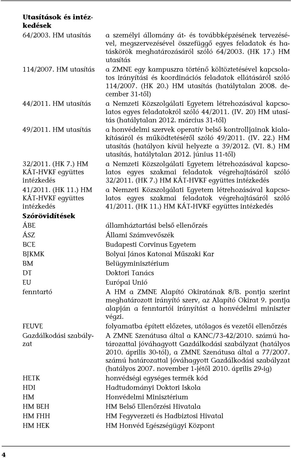 ) HM utasítás (hatálytalan 2008. december 31-től) 44/2011. HM utasítás a Nemzeti Közszolgálati Egyetem létrehozásával kapcsolatos egyes feladatokról szóló 44/2011. (IV.