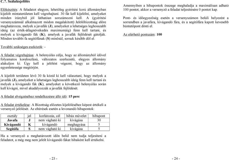 A (gyérítési versenyszámnál alkalmazott módon megalakított) Jelölőbizottság előre meghatározza, melyek a javafák (J), amelyeket a lehetséges leghosszabb ideig (az érték-átlagnövekedés maximumáig)