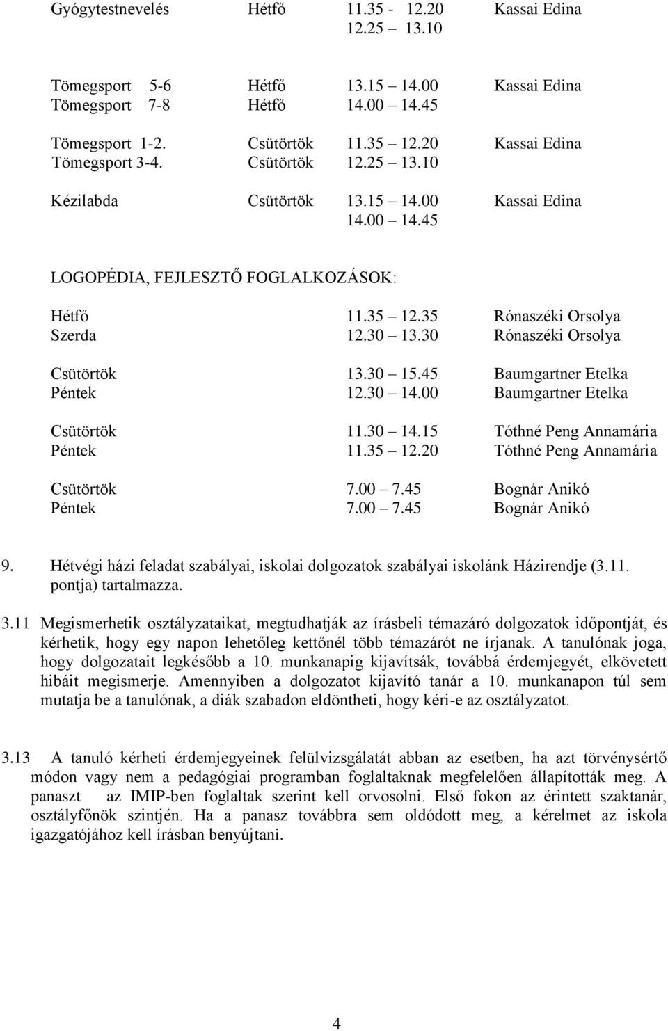 30 Rónaszéki Orsolya Csütörtök 13.30 15.45 Baumgartner Etelka Péntek 12.30 14.00 Baumgartner Etelka Csütörtök 11.30 14.15 Tóthné Peng Annamária Péntek 11.35 12.20 Tóthné Peng Annamária Csütörtök 7.