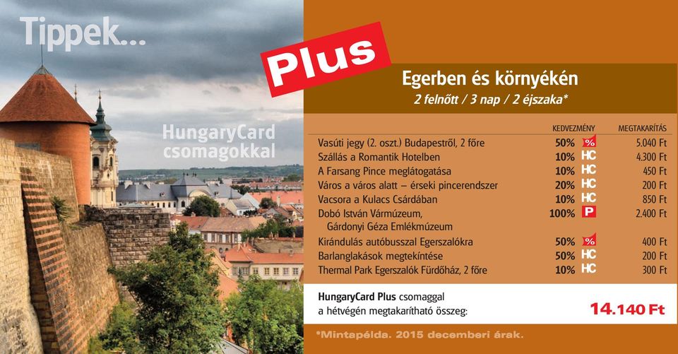 300 Ft a Farsang Pince meglátogatása 10% 450 Ft város a város alatt érseki pincerendszer 20% 200 Ft vacsora a kulacs Csárdában 10% 850 Ft