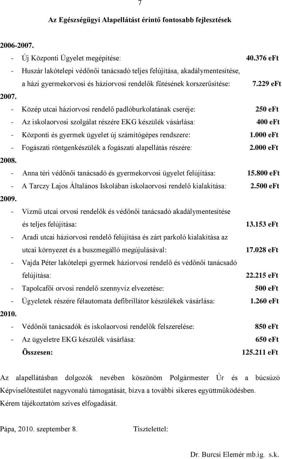 - Közép utcai háziorvosi rendelő padlóburkolatának cseréje: 250 eft - Az iskolaorvosi szolgálat részére EKG készülék vásárlása: 400 eft - Központi és gyermek ügyelet új számítógépes rendszere: 1.