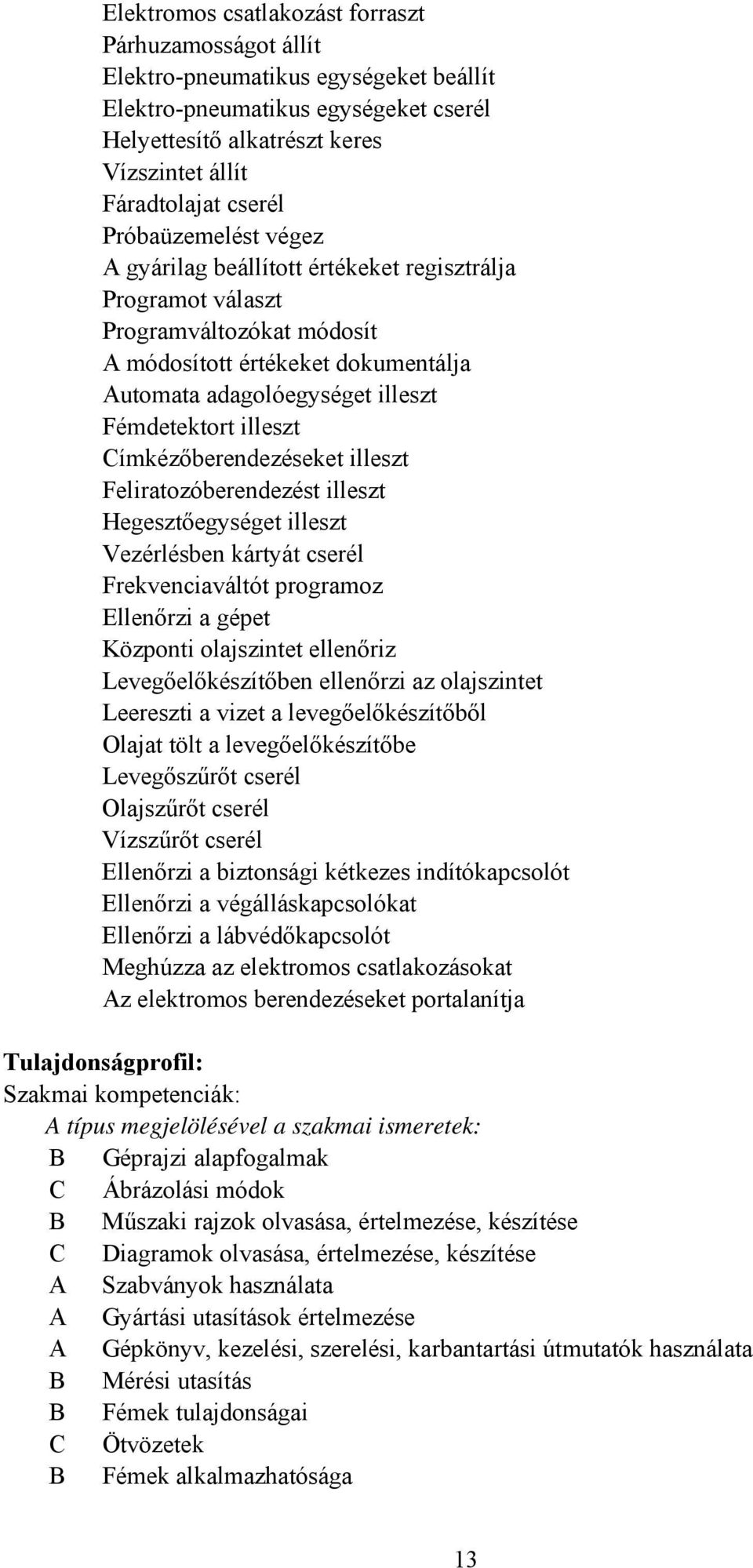 ímkézőberendezéseket illeszt Feliratozóberendezést illeszt Hegesztőegységet illeszt Vezérlésben kártyát cserél Frekvenciaváltót programoz Ellenőrzi a gépet Központi olajszintet ellenőriz