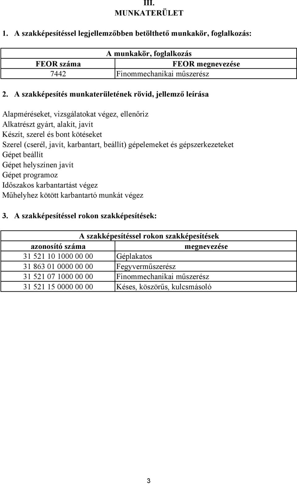 beállít) gépelemeket és gépszerkezeteket Gépet beállít Gépet helyszínen javít Gépet programoz Időszakos karbantartást végez Műhelyhez kötött karbantartó munkát végez 3.