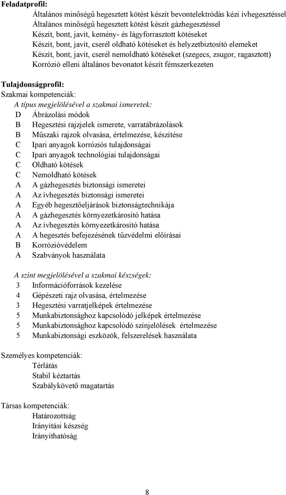 általános bevonatot készít fémszerkezeten Tulajdonságprofil: Szakmai kompetenciák: típus megjelölésével a szakmai ismeretek: D Ábrázolási módok Hegesztési rajzjelek ismerete, varratábrázolások