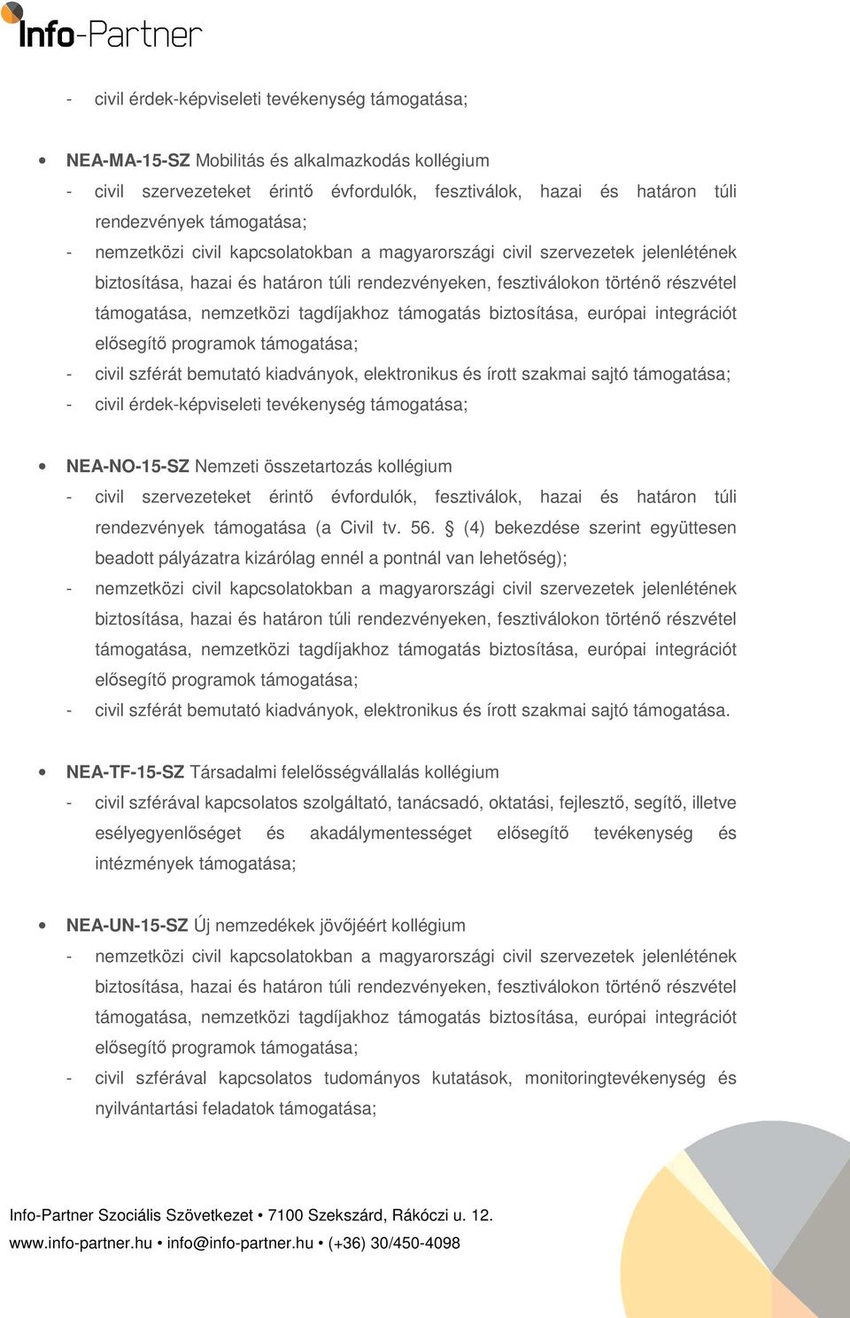 támogatása; - civil szférát bemutató kiadványok, elektronikus és írott szakmai sajtó támogatása; - civil érdek-képviseleti tevékenység támogatása; NEA-NO-15-SZ Nemzeti összetartozás kollégium - civil