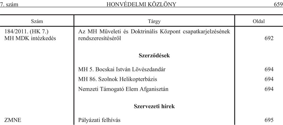 rendszeresítésérõl 692 Szerzõdések MH 5. Bocskai István Lövészdandár 694 MH 86.