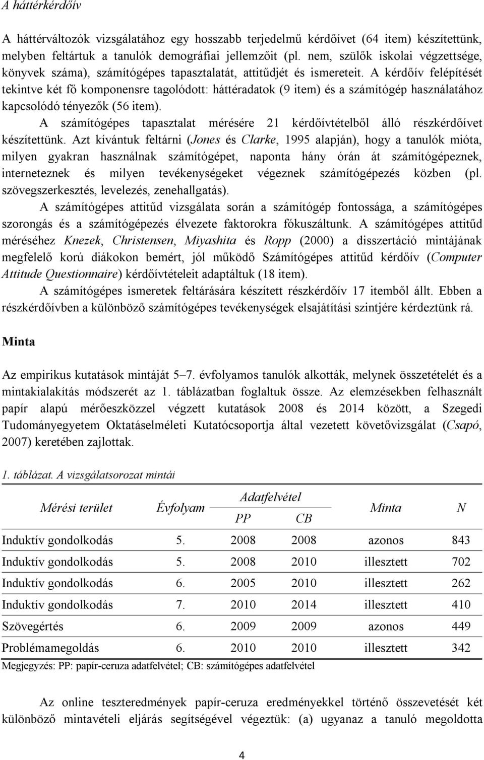 A kérdőív felépítését tekintve két fő komponensre tagolódott: háttéradatok (9 item) és a számítógép használatához kapcsolódó tényezők (56 item).