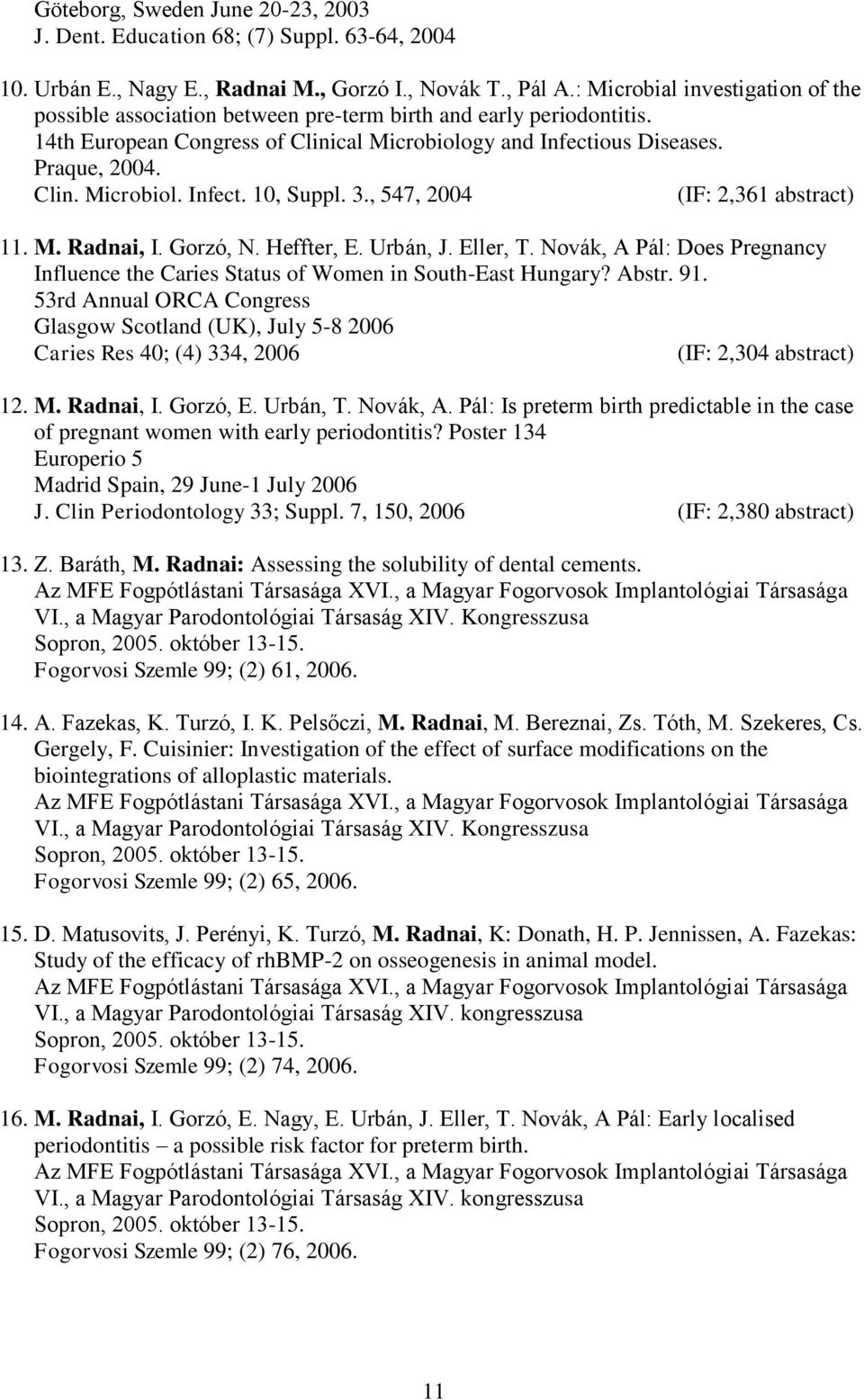 3., 547, 2004 (IF: 2,361 abstract) 11. M. Radnai, I. Gorzó, N. Heffter, E. Urbán, J. Eller, T. Novák, A Pál: Does Pregnancy Influence the Caries Status of Women in South-East Hungary? Abstr. 91.