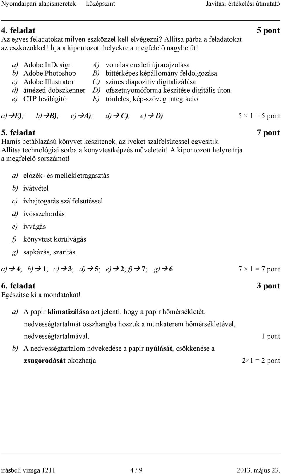 ofszetnyomóforma készítése digitális úton e) CTP levilágító E) tördelés, kép-szöveg integráció a) E); b) B); c) A); d) C); e) D) 5 1 = 5 pont 5.