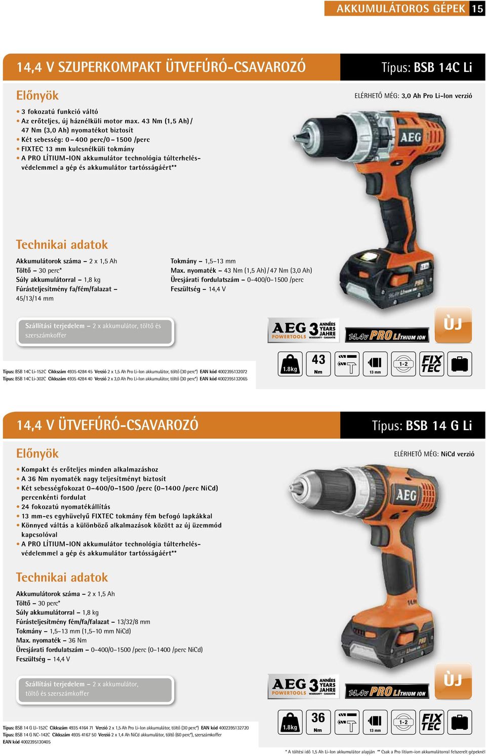 akkumulátor tartósságáért** Típus: BSB 14C Li ELÉRHETŐ MÉG: 3,0 Ah Pro Li-Ion verzió Akkumulátorok száma 2 x 1,5 Ah Töltő 30 perc* Súly akkumulátorral 1,8 kg Fúrásteljesítmény fa/fém/falazat 45/13/14