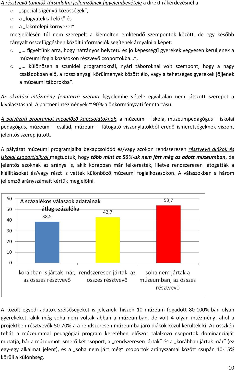 vegyesen kerüljenek a múzeumi foglalkozásokon részvevő csoportokba, o különösen a szünidei programoknál, nyári táboroknál volt szempont, hogy a nagy családokban élő, a rossz anyagi körülmények között