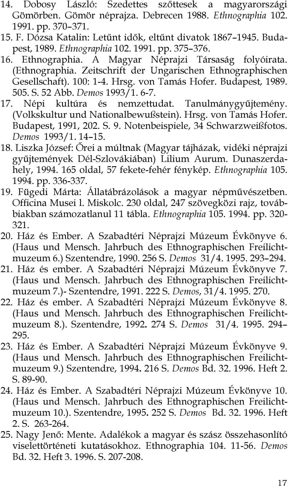 von Tamás Hofer. Budapest, 1989. 505. S. 52 Abb. Demos 1993/1. 6-7. 17. Népi kultúra és nemzettudat. Tanulmánygyűjtemény. (Volkskultur und Nationalbewußstein). Hrsg. von Tamás Hofer.