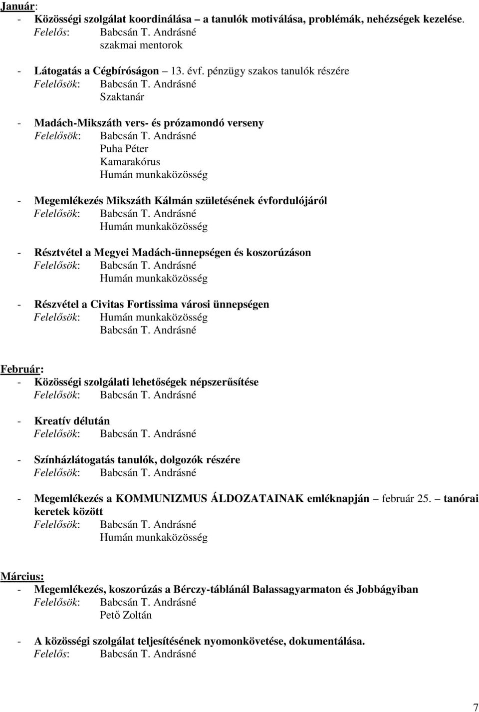 Madách-ünnepségen és koszorúzáson - Részvétel a Civitas Fortissima városi ünnepségen Felelősök: Február: - Közösségi szolgálati lehetőségek népszerűsítése - Kreatív délután - Színházlátogatás