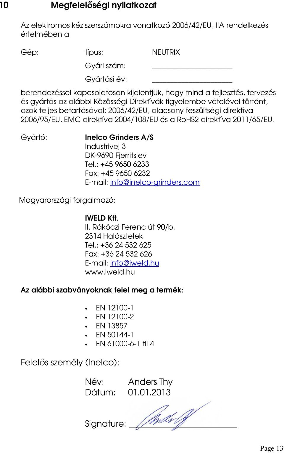 2004/108/EU és a RoHS2 direktíva 2011/65/EU. Gyártó: Inelco Grinders A/S Industrivej 3 DK-9690 Fjerritslev Tel.: +45 9650 6233 Fax: +45 9650 6232 E-mail: info@inelco-grinders.