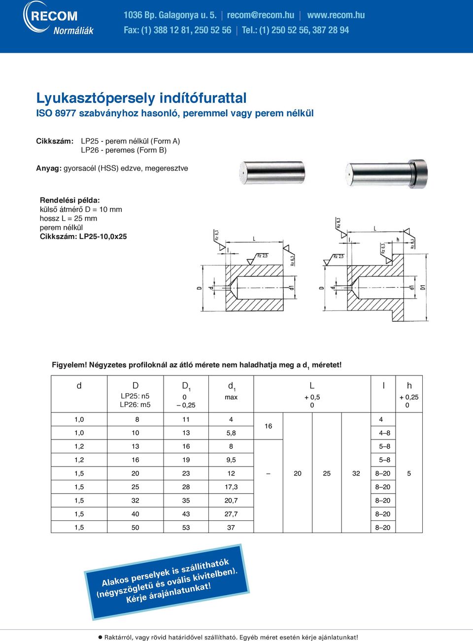 peem nélkül (Fom A) LP26 - peemes (Fom B) Anyag: gyosacél (HSS) edzve, megeesztve külső átméő D = 1 mm hossz L = 25 mm peem nélkül LP25-1,x25 Atikel-N.: Fom A: 5283. Fom B: 5293.