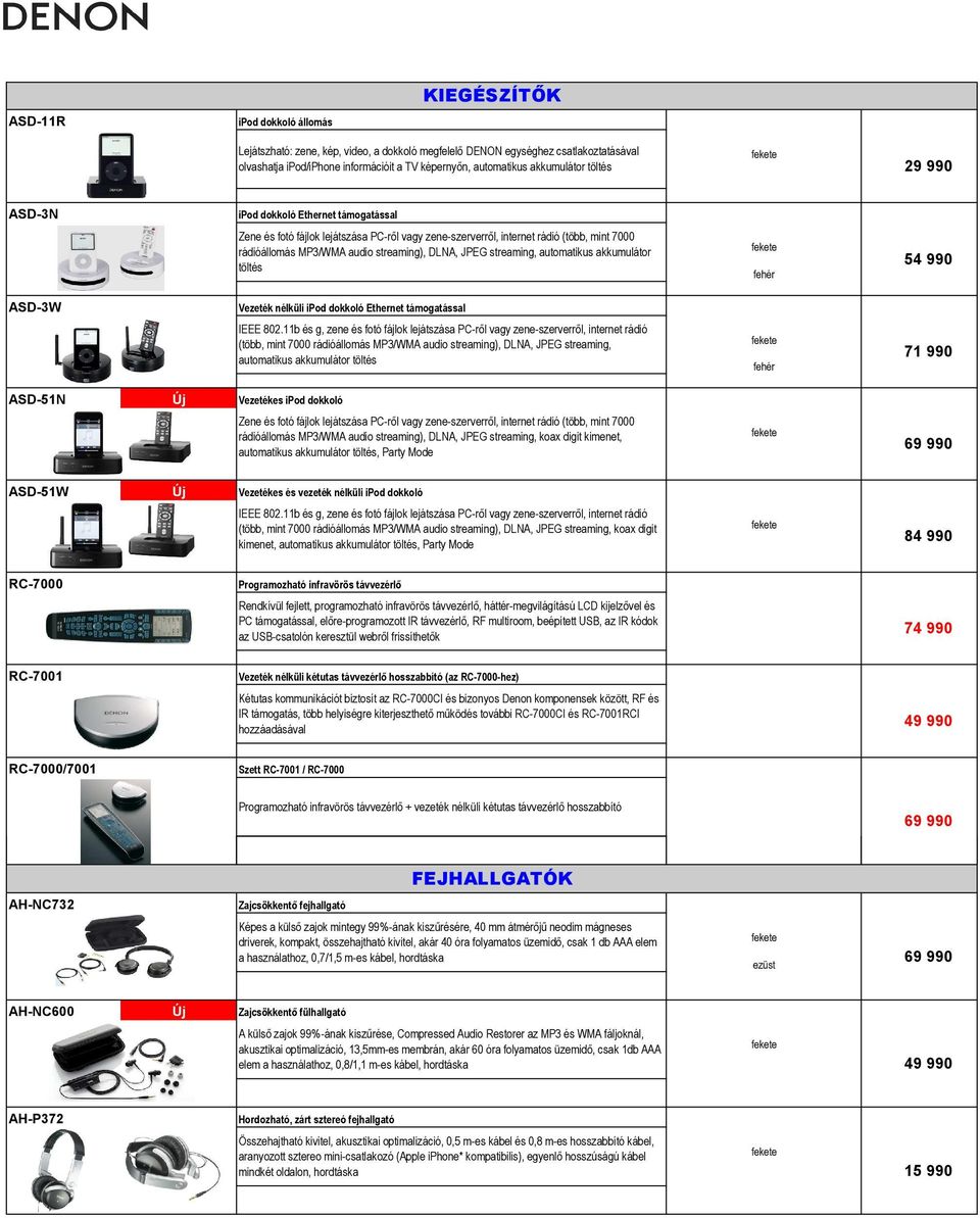 streaming), DLNA, JPEG streaming, automatikus akkumulátor töltés Vezeték nélküli ipod dokkoló Ethernet támogatással IEEE 802.