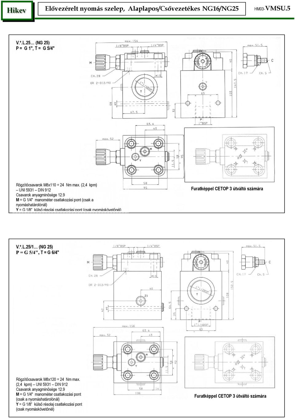 25/1 (NG 25) P = G 5/4", T = G 6/4" Rögzítőcsavarok M8x120 = 24 Nm max.