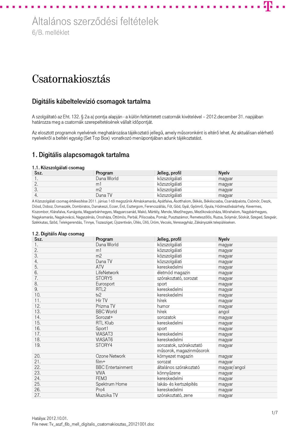 Az aktuálisan elérhető nyelvekről a beltéri egység (Set Top Box) vonatkozó menüpontjában adunk tájékoztatást. 1. Digitális alapcsomagok tartalma 1.1. Közszolgálati csomag 1.