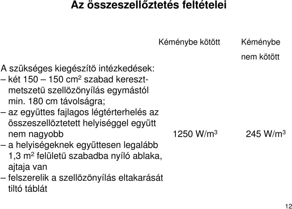 180 cm távolságra; az együttes fajlagos légtérterhelés az összeszellıztetett helyiséggel együtt nem nagyobb