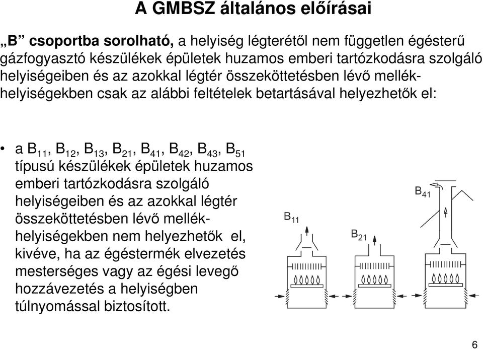 13, B 21, B 41, B 42, B 43, B 51 típusú készülékek épületek huzamos emberi tartózkodásra szolgáló helyiségeiben és az azokkal légtér összeköttetésben lévı