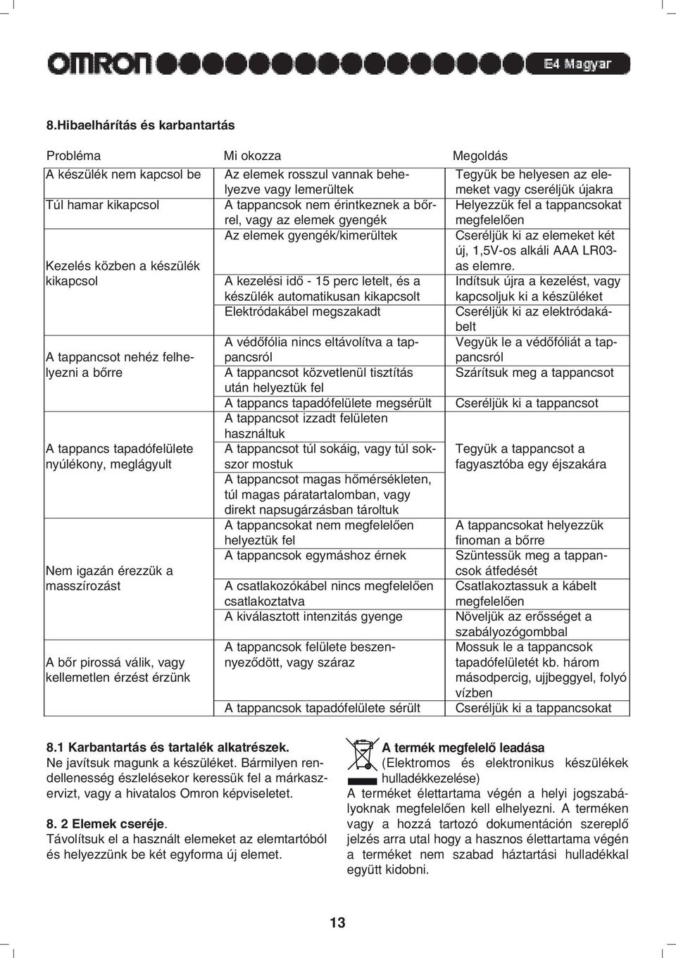 masszírozást A bõr pirossá válik, vagy kellemetlen érzést érzünk A kezelési idõ - 5 perc letelt, és a készülék automatikusan kikapcsolt Elektródakábel megszakadt A védõfólia nincs eltávolítva a