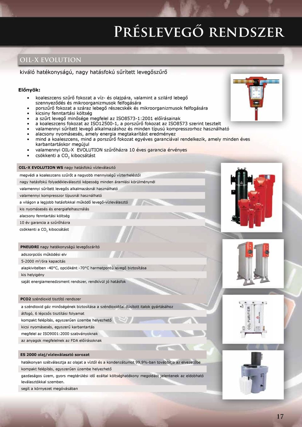 a koaleszcens fokozat az ISO12500-1, a porszűrő fokozat az ISO8573 szerint tesztelt valamennyi sűrített levegő alkalmazáshoz és minden típusú kompresszorhoz használható alacsony nyomásesés, amely