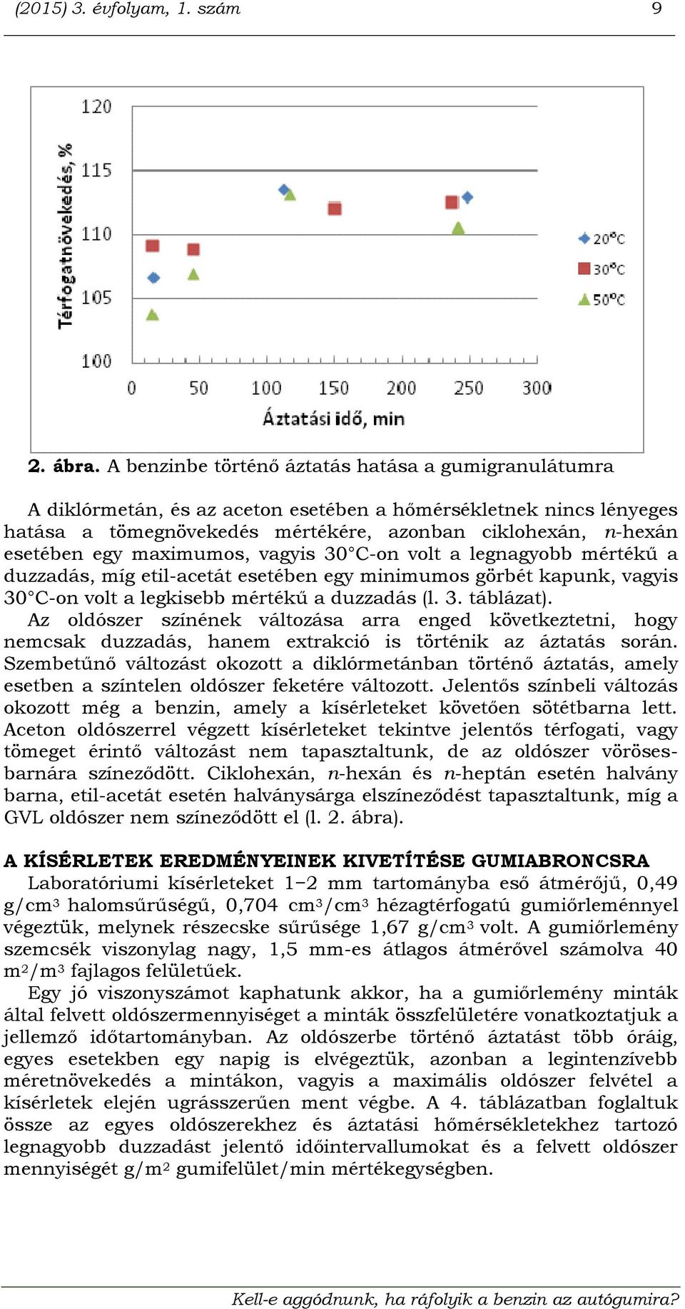 maximumos, vagyis 30 C-on volt a legnagyobb mértékű a duzzadás, míg etil-acetát esetében egy minimumos görbét kapunk, vagyis 30 C-on volt a legkisebb mértékű a duzzadás (l. 3. táblázat).