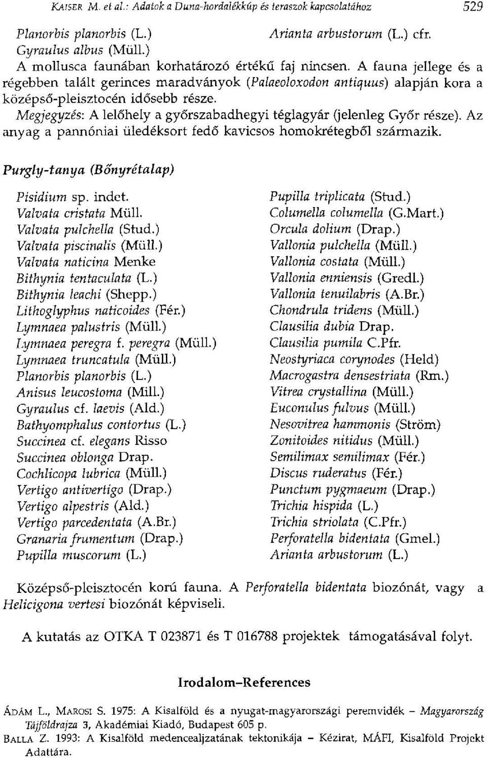 Megjegyzés: A lelőhely a győrszabadhegyi téglagyár (jelenleg Győr része). Az anyag a pannóniai üledéksort fedő kavicsos homokrétegből származik. Purgly-tanya (Bó'nyrétalap) Valvata eristata Müll.