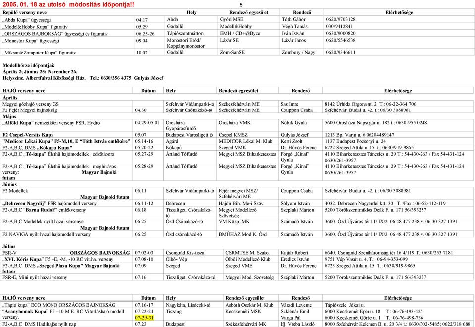 25-26 Tápiószentmárton EMH / CD+@Byze Iván István 0630/9000820 Monostor Kupa ügyességi 09.04 Monostori Erőd/ Lázár SE Lázár János 0620/5546538 Koppánymonostor Miksan&Zomputer Kupa figuratív 10.