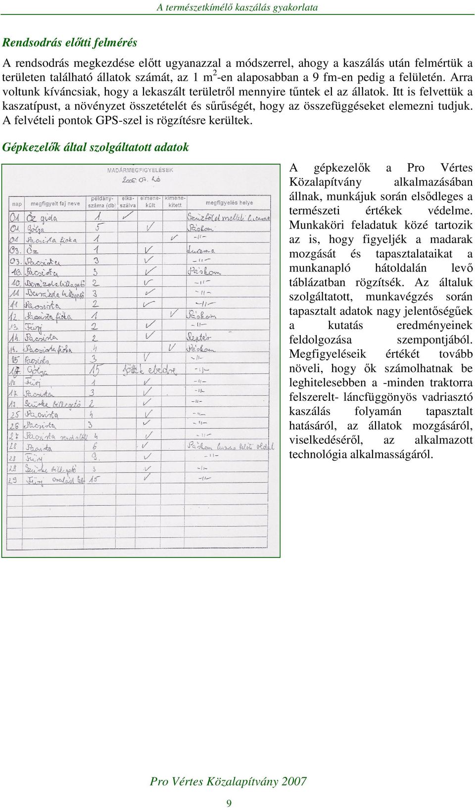 Itt is felvettük a kaszatípust, a növényzet összetételét és sőrőségét, hogy az összefüggéseket elemezni tudjuk. A felvételi pontok GPS-szel is rögzítésre kerültek.